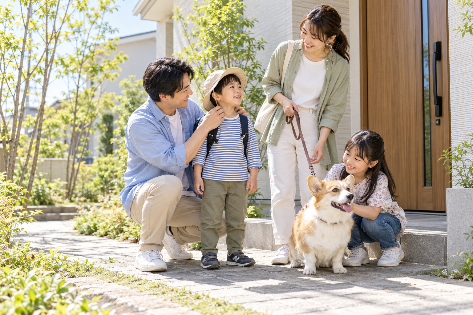 Family with a Corgi getting ready to walk