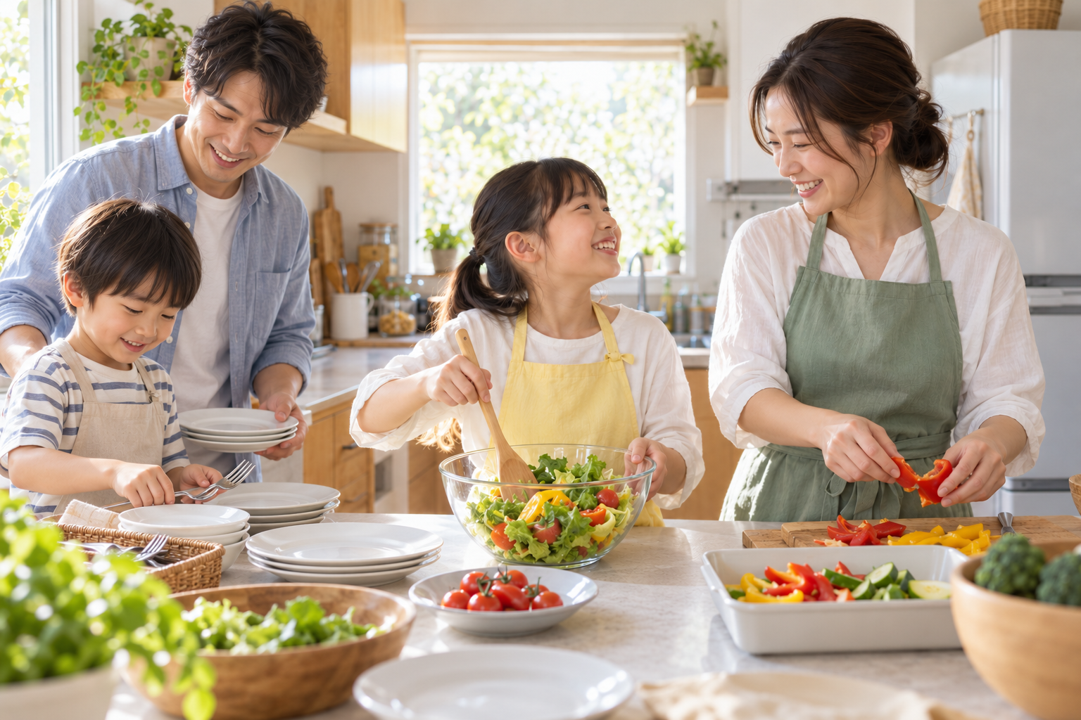 Family cooking and serving