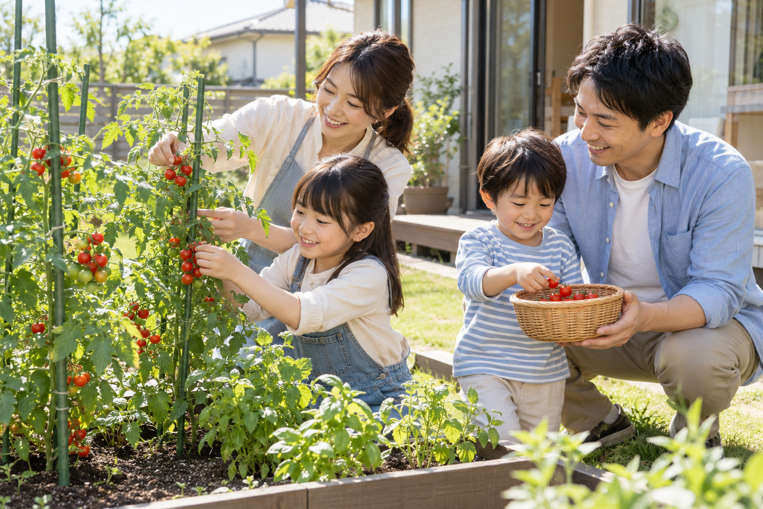 Family picking tomatoes