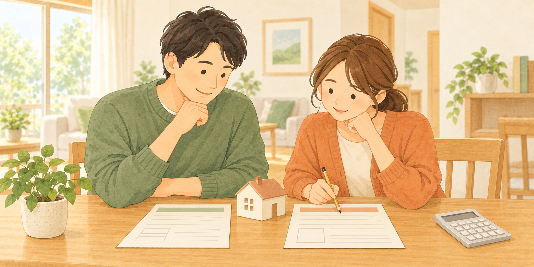ペアローンについて、それぞれの書類と家の模型を見ながら話し合う夫婦のイラスト