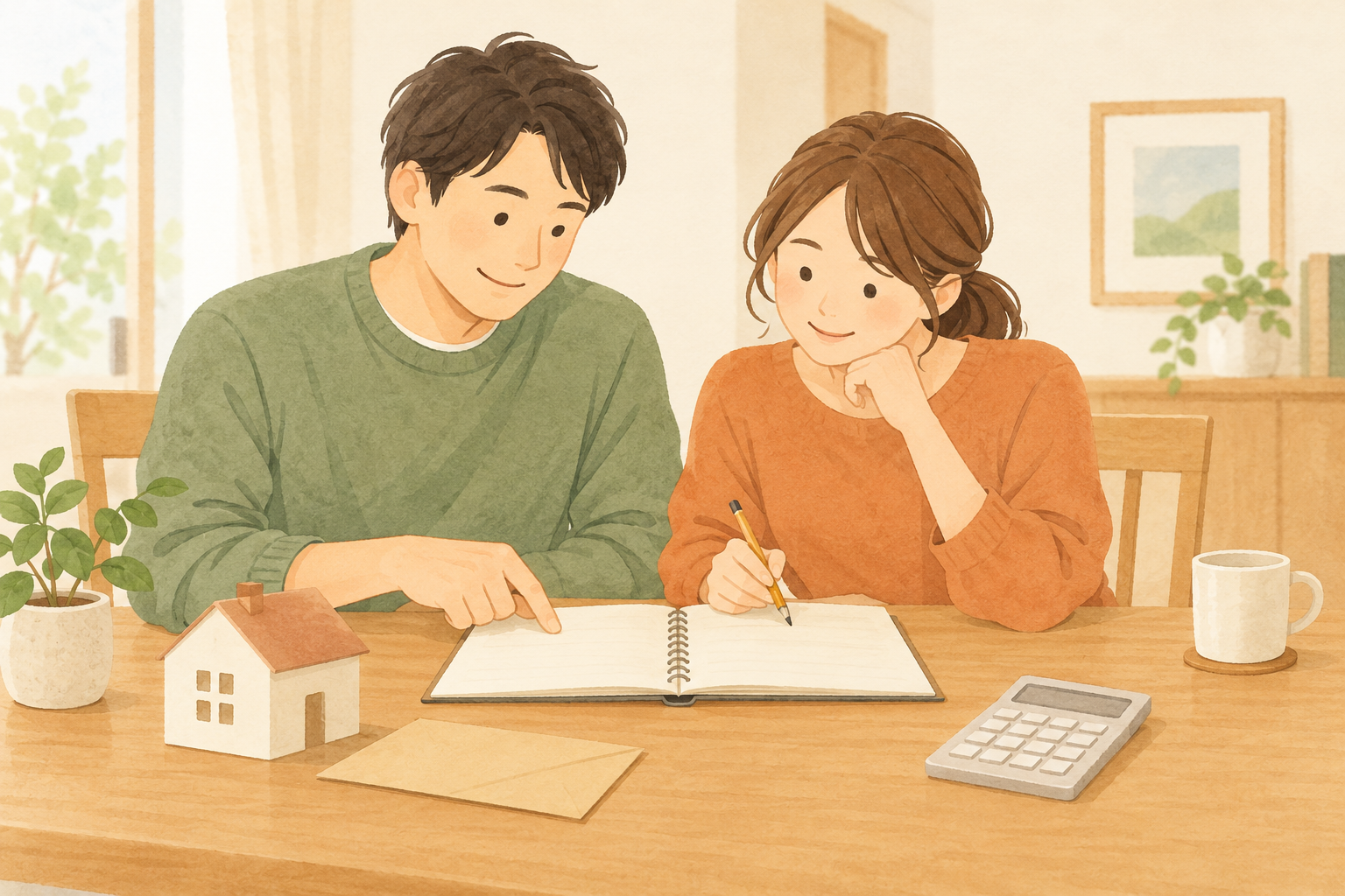 住宅購入の予算をノートと電卓で確認する夫婦のイラスト