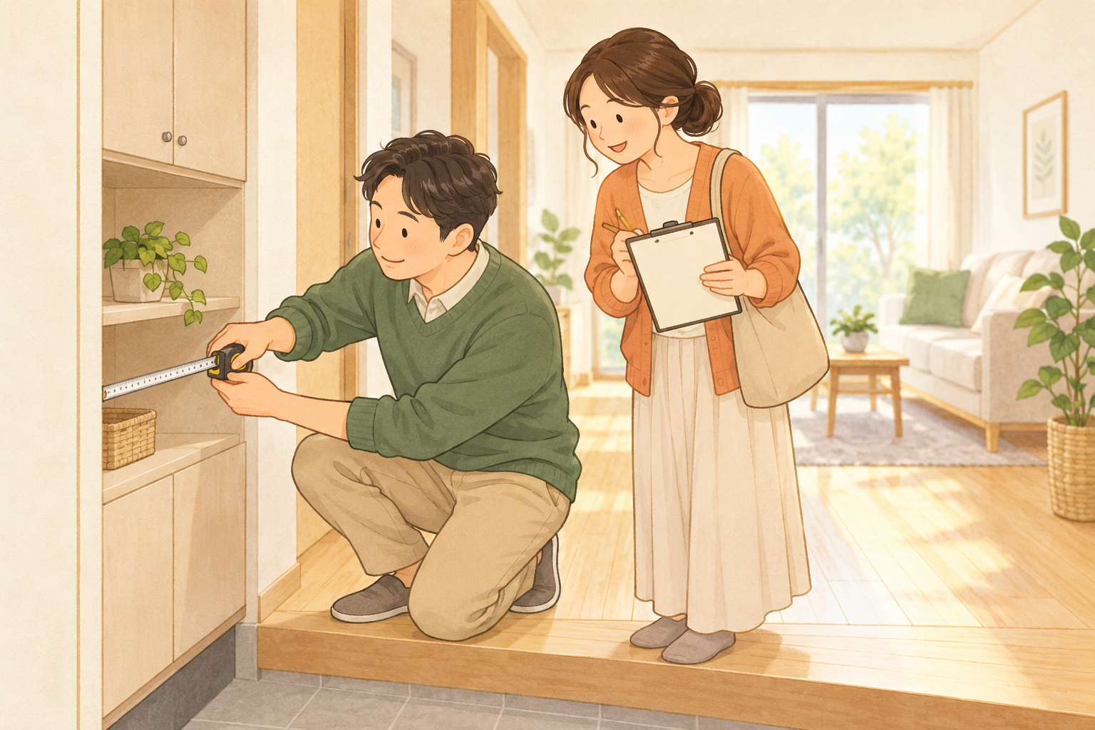 新築住宅の内見で収納の寸法を測り、メモを取る夫婦のイラスト