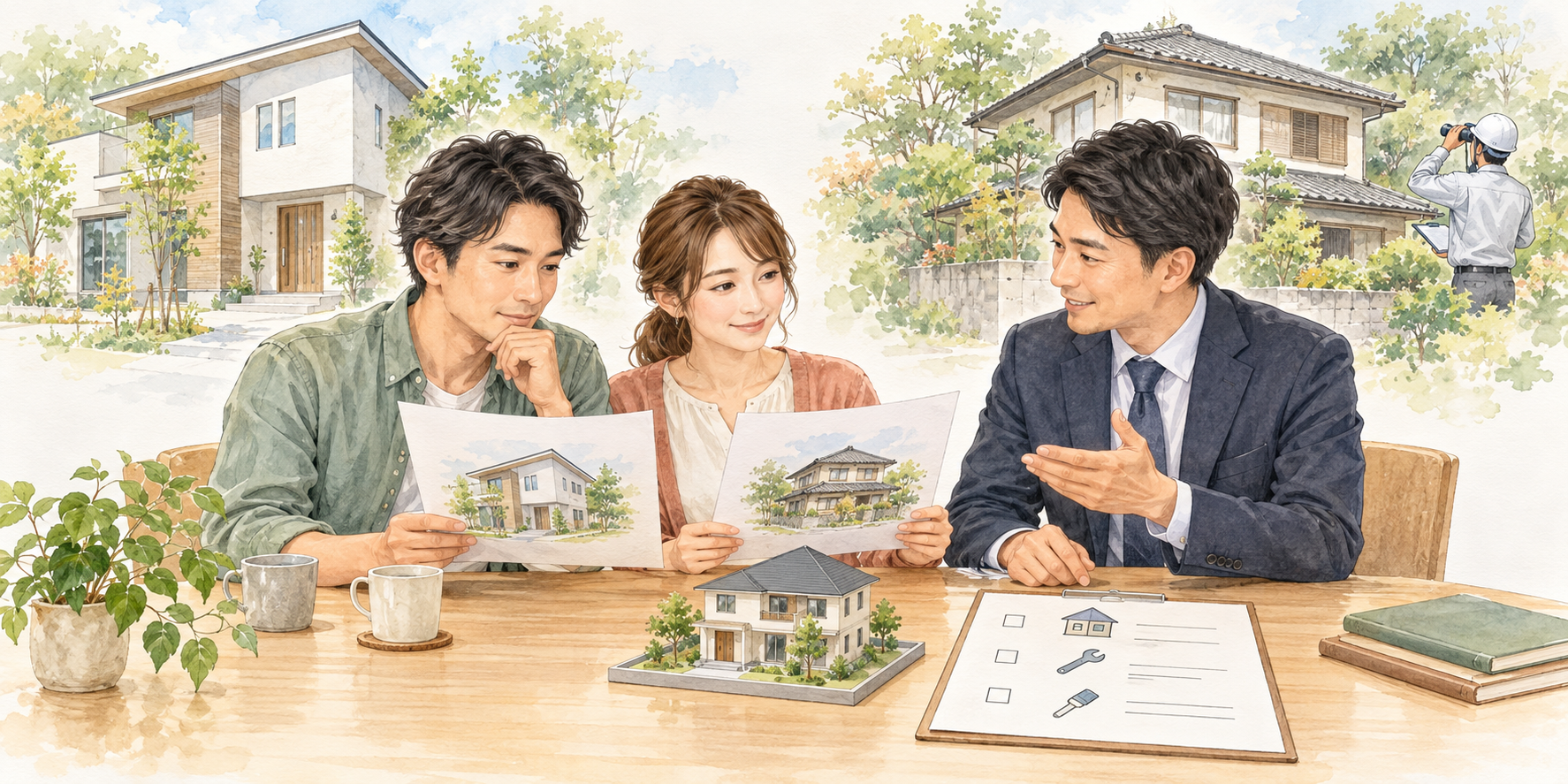 新築と中古住宅の保証や修繕について相談する家族のイラスト